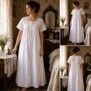 The 1 For U White Cotton Eyelet Lace Nightgown Size L Victorian Cottagecore